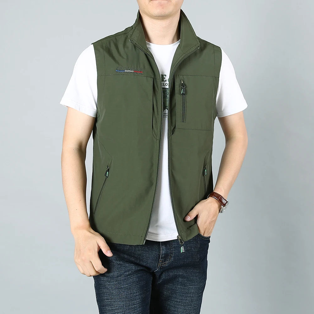 Men Waistcoat Jackets Vest 2025 Spring New Solid Color Stand Collar Climbing Hiking Work Sleeveless with Pocket M-6Xl Brand Sale