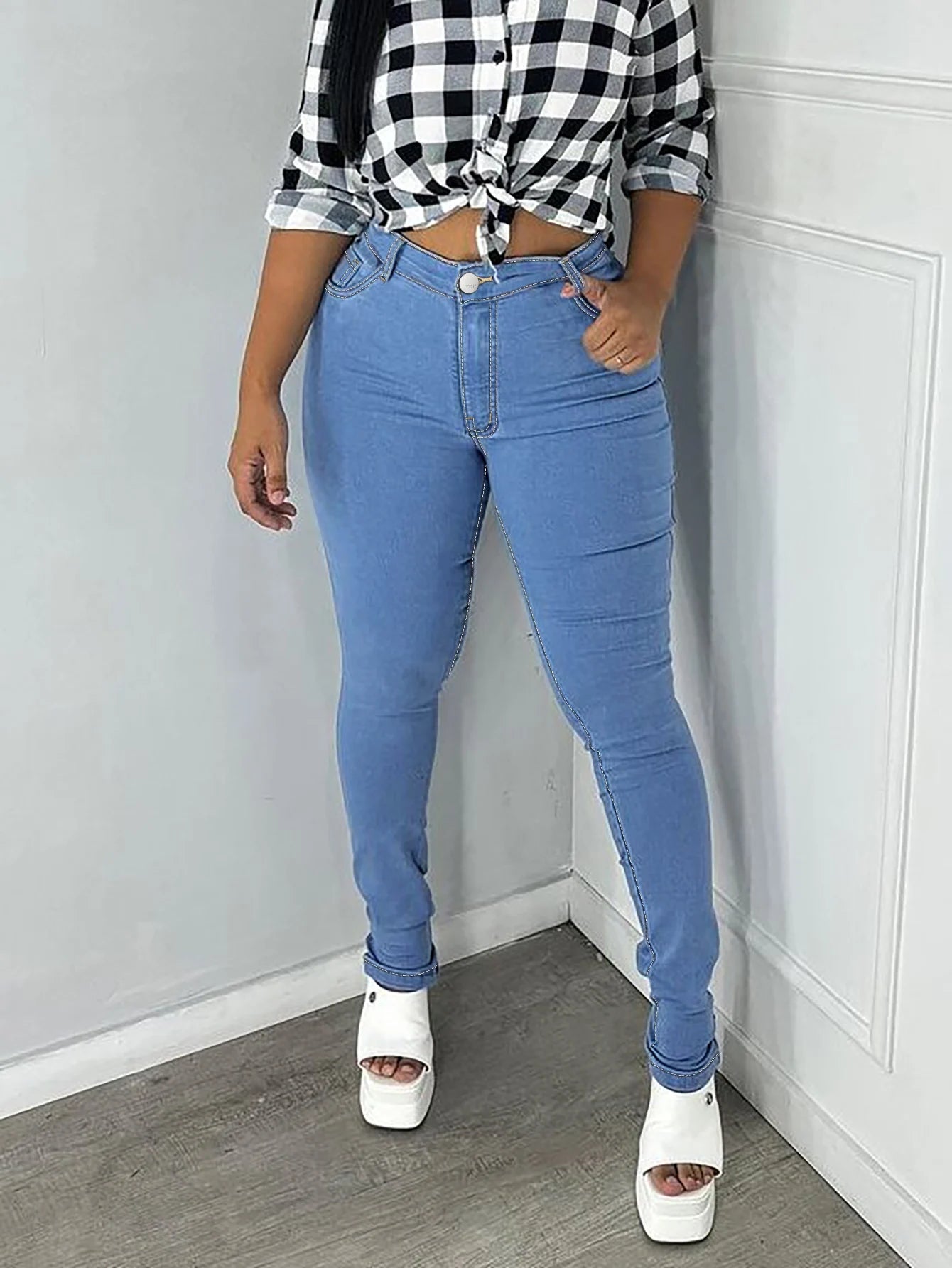 Women's Plus Size High Stretch Blue Pencil Jeans High Waist Straight Full Length Washed Denim Pants Skinny Fit for Mom Daughter
