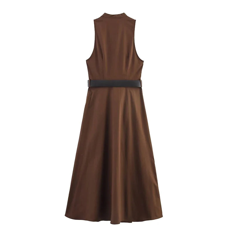 ZATRHMBM Summer Women's Wear 2025 New Fashion Midi Dress with Belt Retro Button Decoration Sleeveless Solid Color Dress