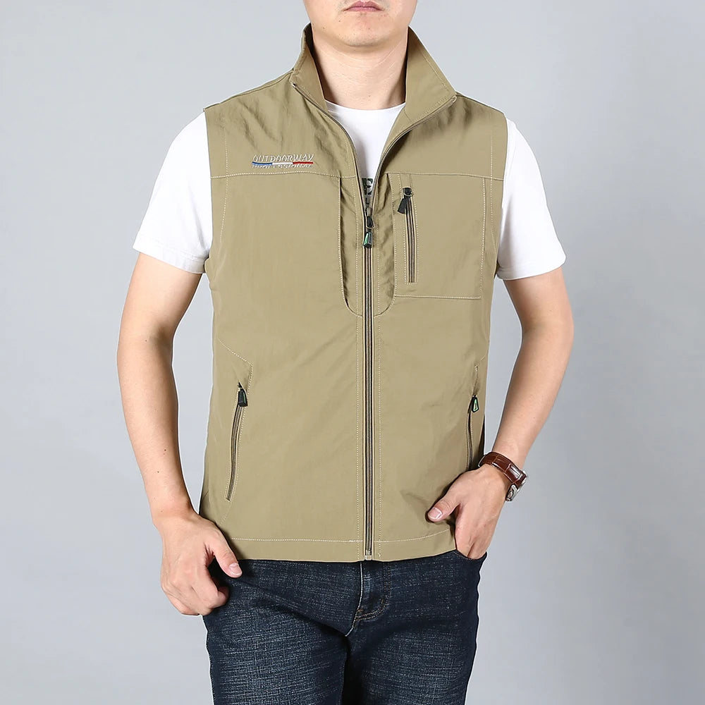 Men Waistcoat Jackets Vest 2025 Spring New Solid Color Stand Collar Climbing Hiking Work Sleeveless with Pocket M-6Xl Brand Sale