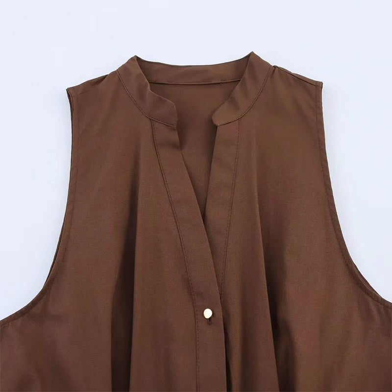 ZATRHMBM Summer Women's Wear 2025 New Fashion Midi Dress with Belt Retro Button Decoration Sleeveless Solid Color Dress