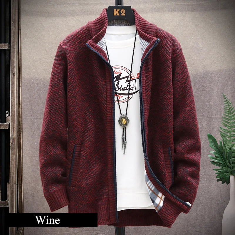 Knitted Cardigan Solid Color Sweater Men Zipper Autumn New Long-sleeved Jacket Warm Fleece Cardigans Jacket