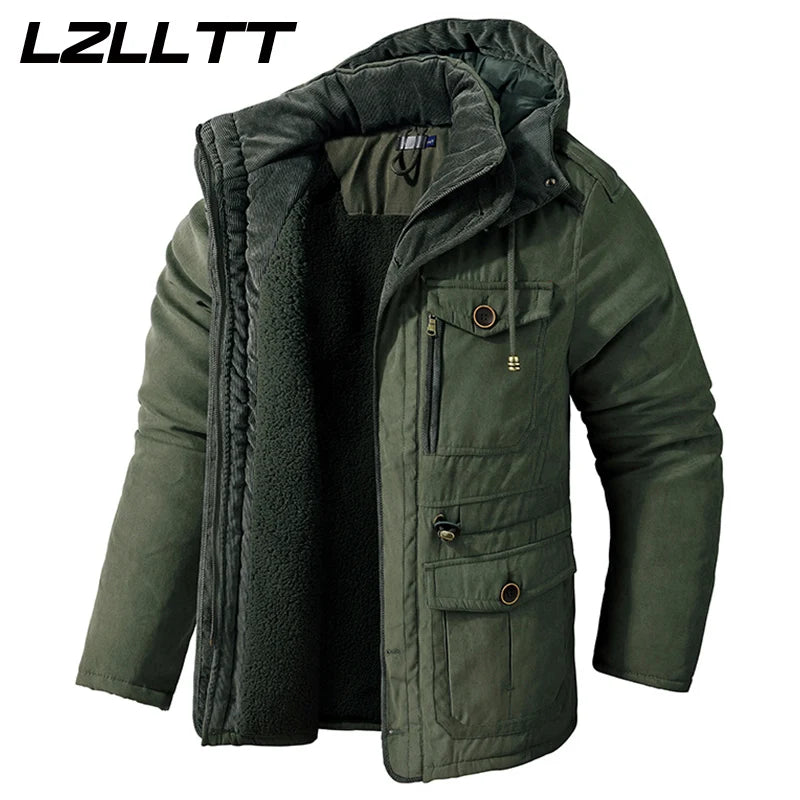 LZLLTT Men Winter Warm Parkas Mens Fleece Jacket Parkas Men Casual Cotton Outdoor Fur Trench Padded Jackets Coats