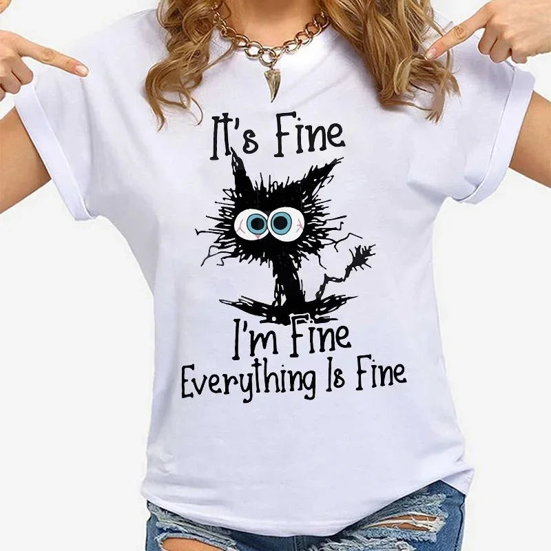 Women Clothes Cat It's Fine I'm Fine Everything Is Fine Print T-shirts Summer Casual Fashion Personalized Woman Clothing