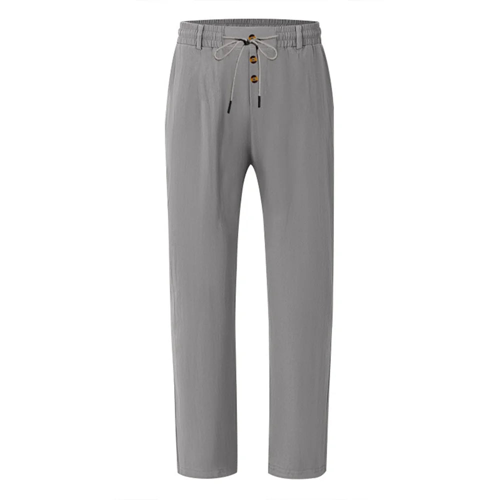 Autumn New Men's Cotton Pants Solid Color Button Drawstring Design Casual Loose Fit Cozy Trousers Simple Style Long Pants