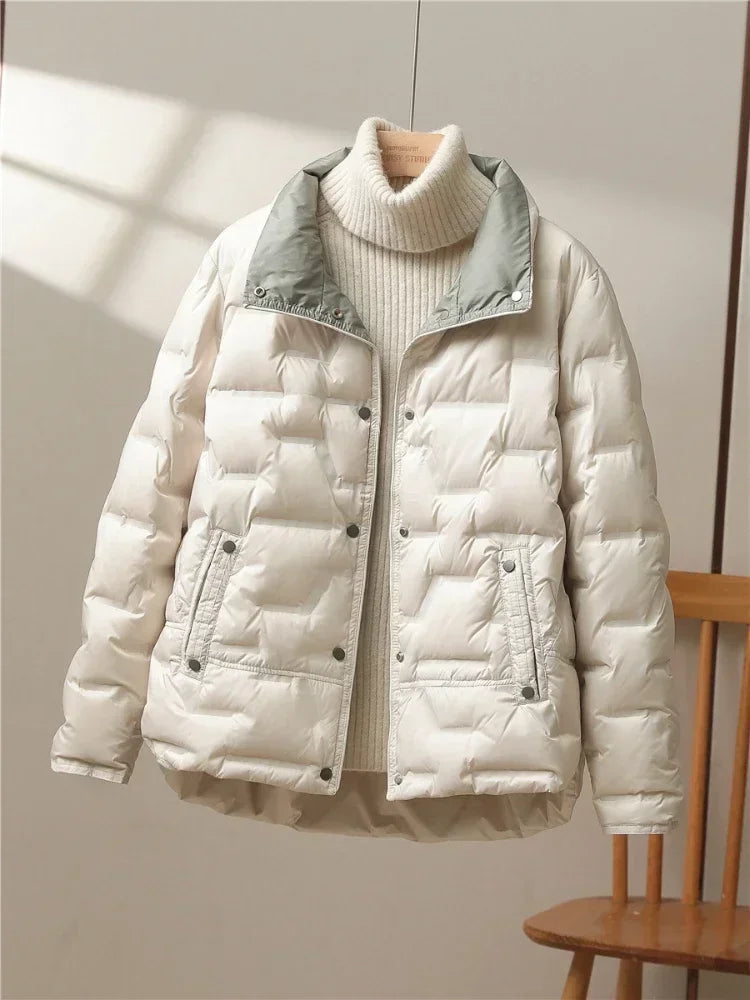 Casual Lapel Single Breasted Jacket Fashion Light Puffer Parka Outwear 2024 New Autumn Winter Women White Duck Down Coat