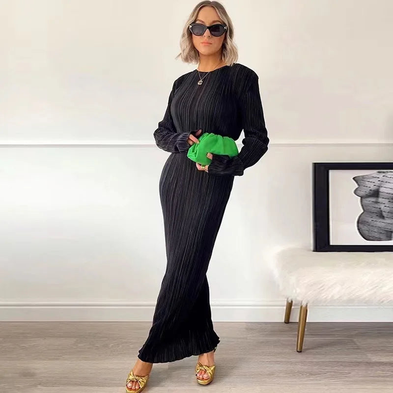 2024 Autumn Elegant Bodycon Dress Women Sexy Solid O Neck Flare Sleeves Long Summer Dresses Holiday Vestidos Black Red Orange