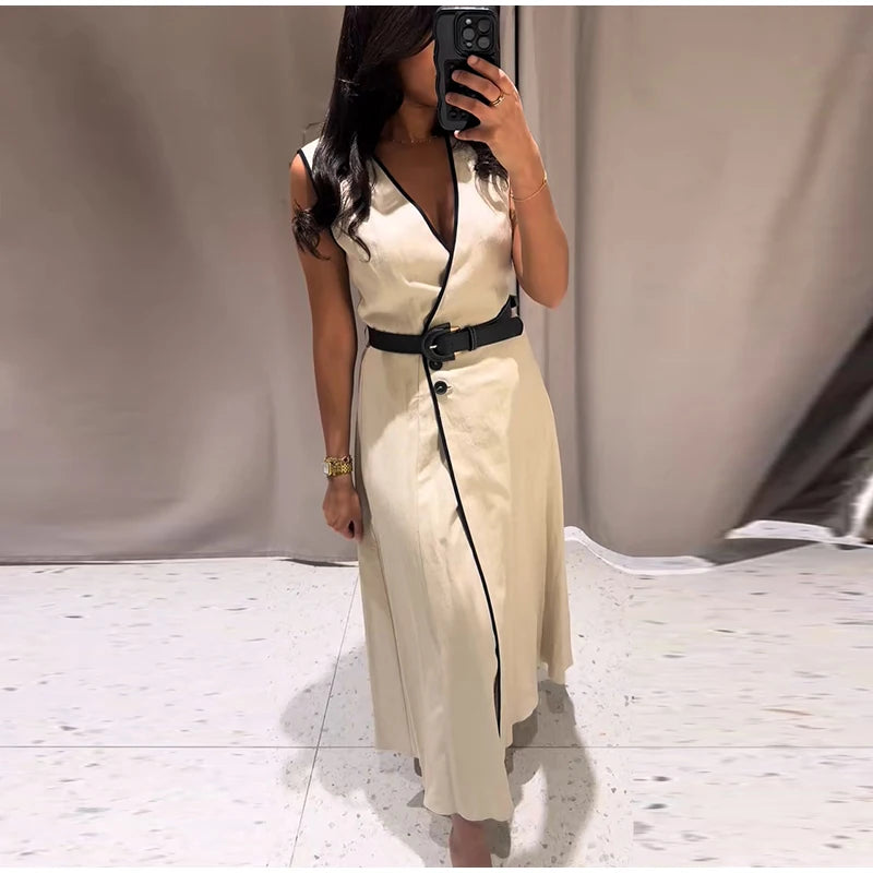 Y2K Patchwork V-neck Midi Dress With Belt Women Elegant Sleeveless Evening Party Tank Dress Summer Vacation Chic Beach Vestidos