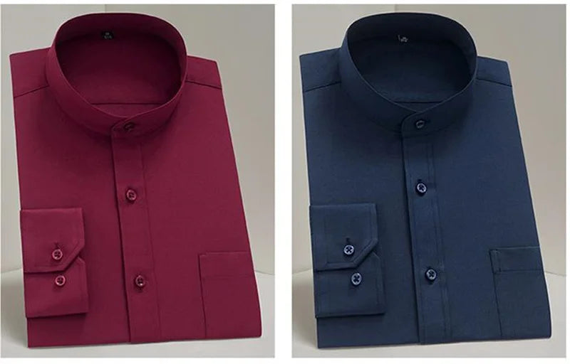 New Spring Autumn Stand Collar Shirt Men's Long Sleeve Breathable Anti-Wrinkle Easy Care Business Casual Dress Shirts