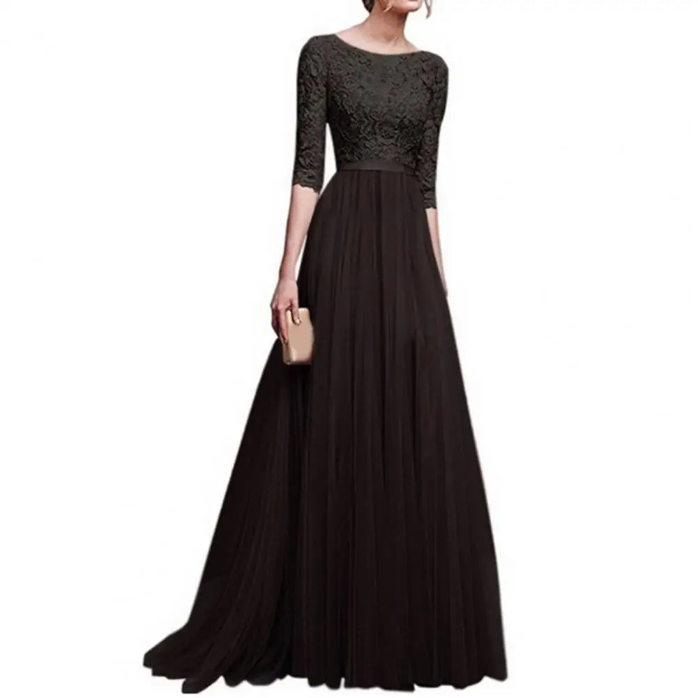 Women Maxi Dress Elegant Lace Flower Embroidered Maxi Evening Dress for Women Round Neck Half Sleeve Tight Waist Floor Length