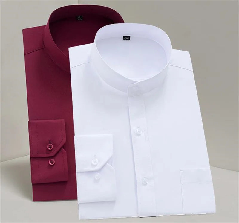 New Spring Autumn Stand Collar Shirt Men's Long Sleeve Breathable Anti-Wrinkle Easy Care Business Casual Dress Shirts