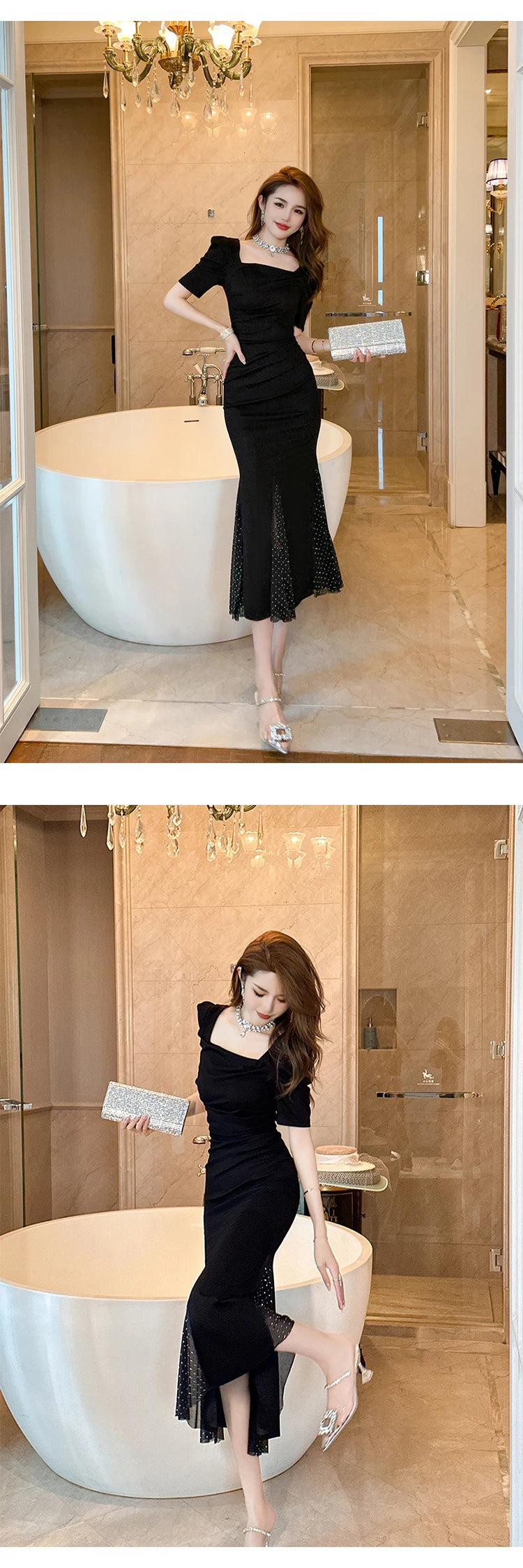 Women‘s Fashion French Retro Maxi Dress Woman Elegant Black Skinny Fishtail Robe Evening Party Vestidos Prom Banquet Gown Female