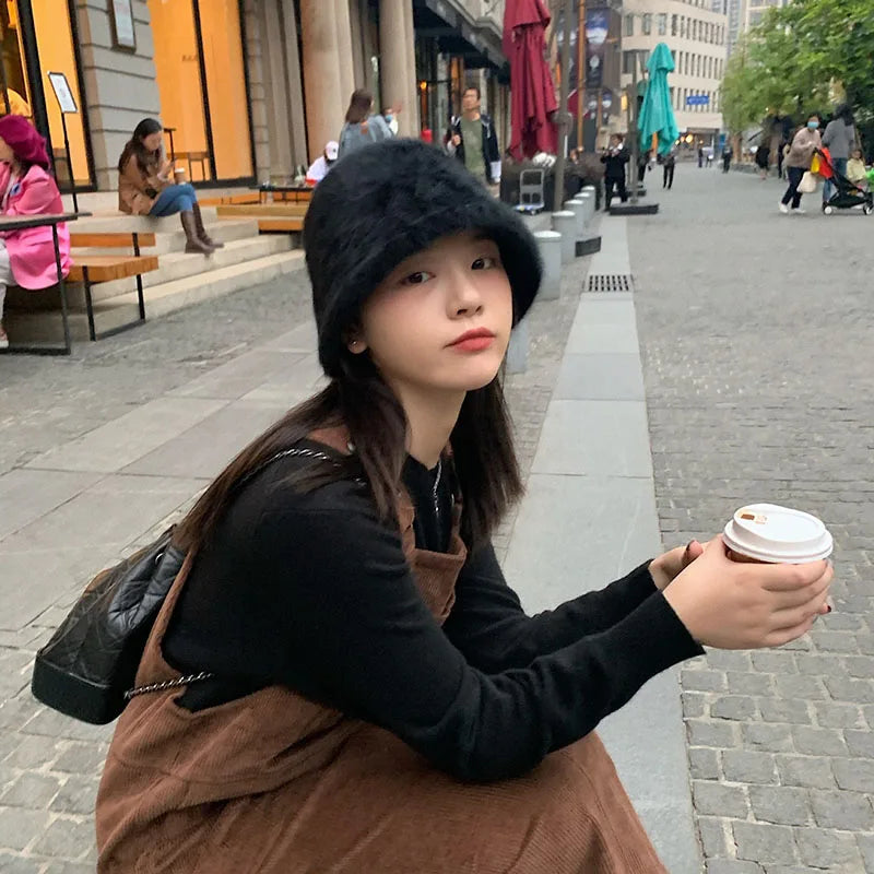 Winter Rabbit Fur Bucket Hat Women Korean Solid Color Warm Fisherman Cap Autumn Thicken Plush Female Windproof Hats