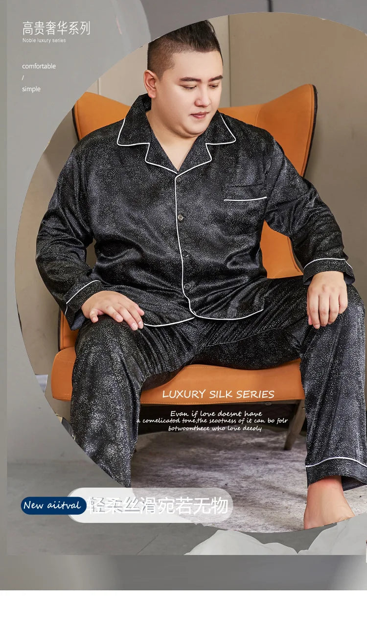 3XL-5XL 165KG Extra Large Size Pajamas Men Print Satin Long Sleeve Trouses Suit Spring Summer Fatty Fattening Loose Home Clothes
