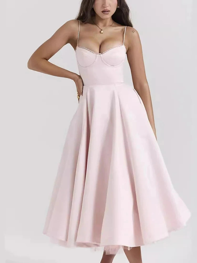 Circyy Sexy Dress Women Halter Low Cut A-line Dress Backless Sexy Knee-Length Dresses Mesh Spliced Pink Dresses Summer 2025 New