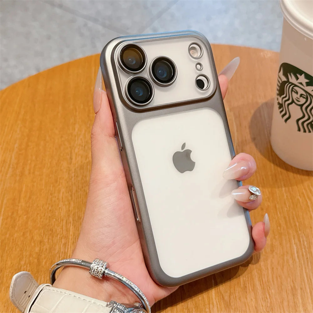 Luxury Frosted Transparent Matte Phone Case For iPhone 16 15 17 Pro Max Air Full Lens Protector Metallic Color Frame Armor Cover