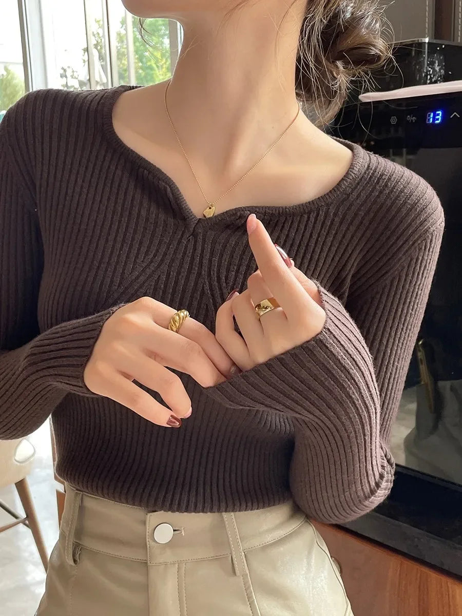 2025 Basic V-neck Chic Autumn Winter Pullover Women Knitted Ribbed Sweater Women Slim Long Sleeve Badycon High Quality Sweater