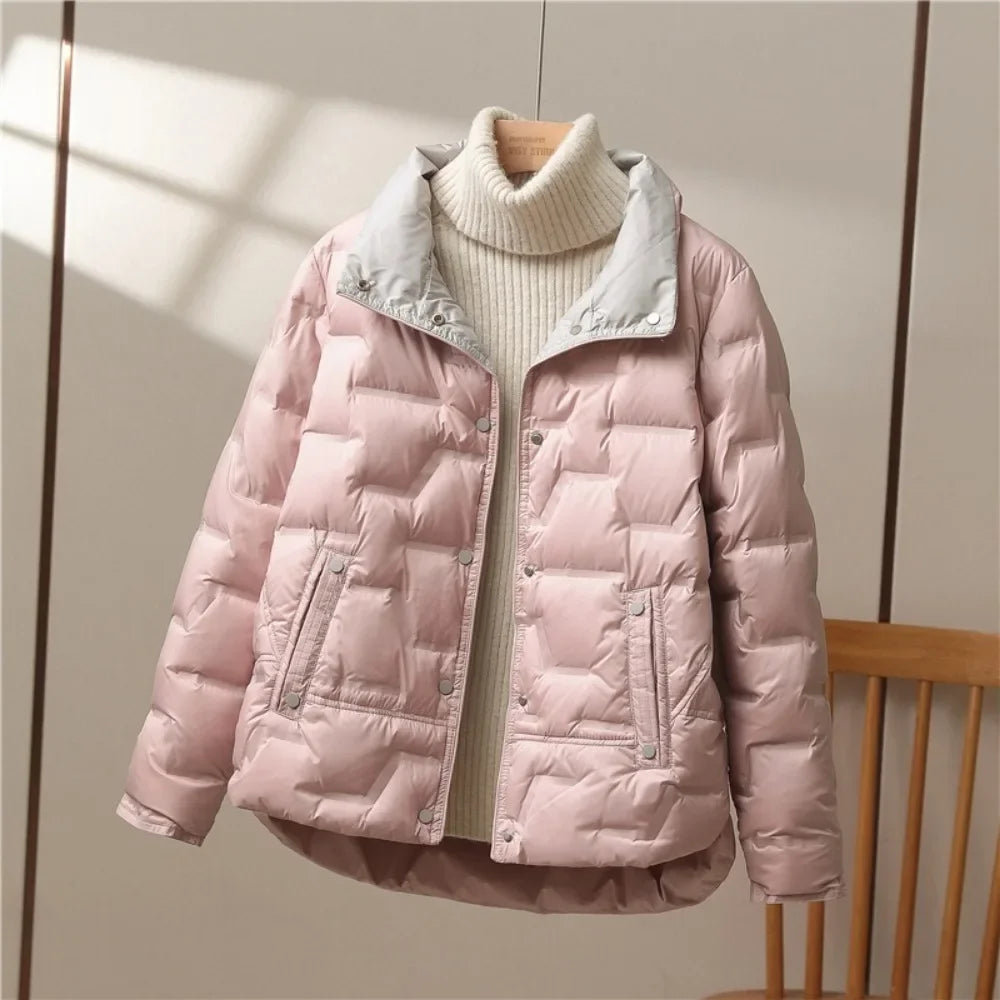Casual Lapel Single Breasted Jacket Fashion Light Puffer Parka Outwear 2024 New Autumn Winter Women White Duck Down Coat
