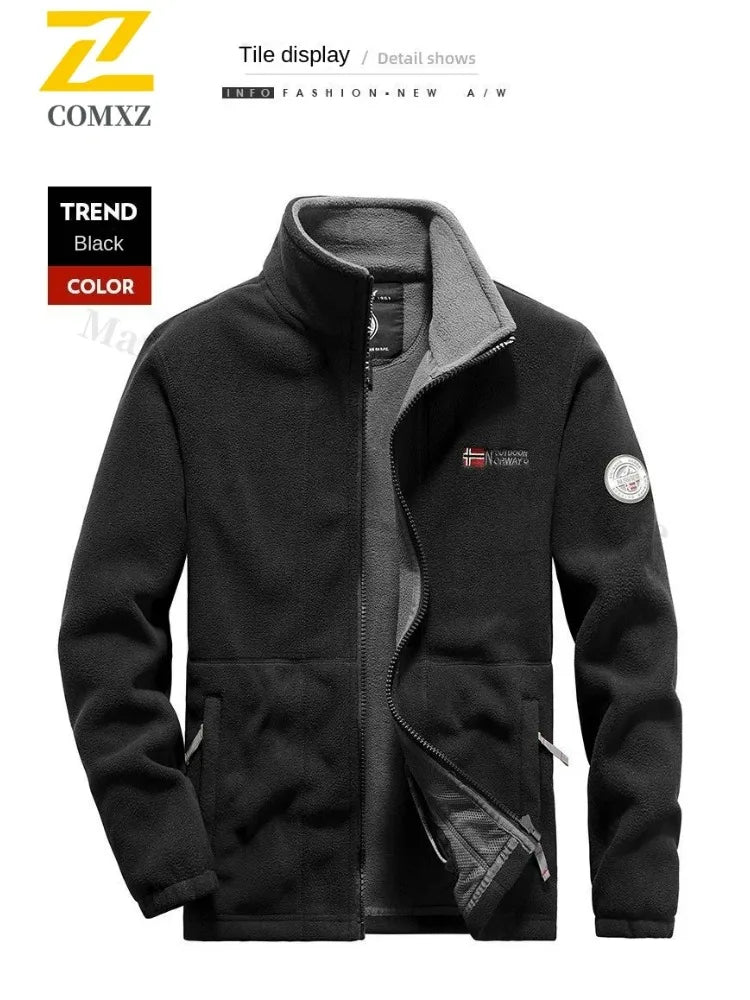 Winter Warm Fleece Jacket Men Climbing Double Thickened Pocket Jacket Outdoor High Collar Windproof Ski Sweatshirt Coat Man Snow