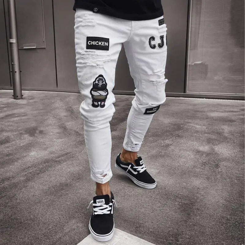 Mens Stretchy Ripped Skinny Embroidered Jeans Men's White Pants Destroyed Hole Slim Fit Denim High Quality Hip Hop Men trousers