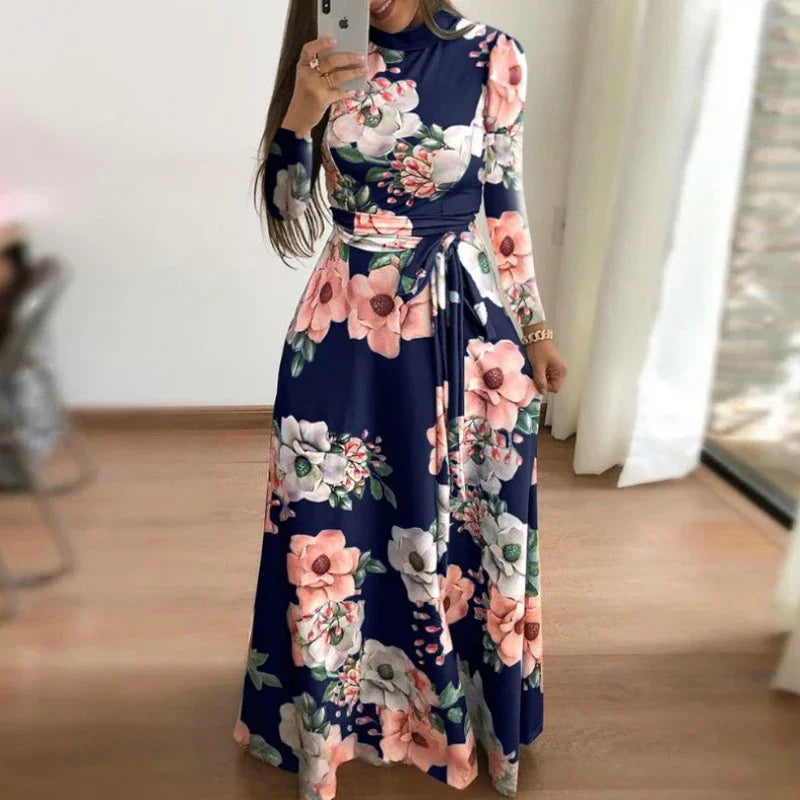Women Summer Maxi Dress 2025 Casual Long Sleeve Boho Floral Print LOOSE Dress Turtleneck Bandage Elegant Party Dresses Vestidos