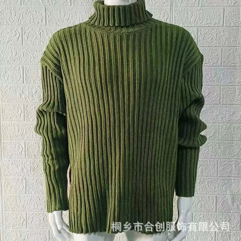Pullovers Men Sweaters Turtleneck Knitted Tops Full Sleeve Knit Solid Sweater Top Splice Casual Loose Regular Autumn Winter