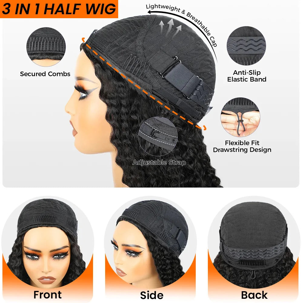 Silky Straight Wear And Go 3 IN 1 Half Wigs Human Hair Machine Made With Drawstring 250% Density Glueless Wigs Beginner Friendly