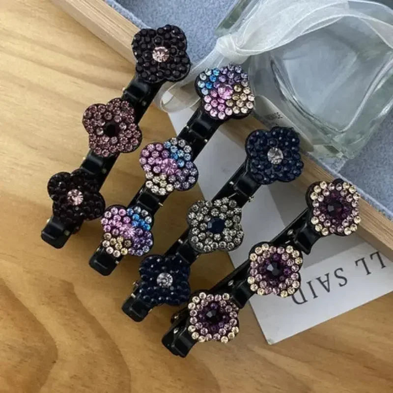 1PC Fashion Four-leaf Clover Braided Hair Finishing Side Clip Sparkling Crystal Stone Braided Hair Clips Forehead Bangs Clip