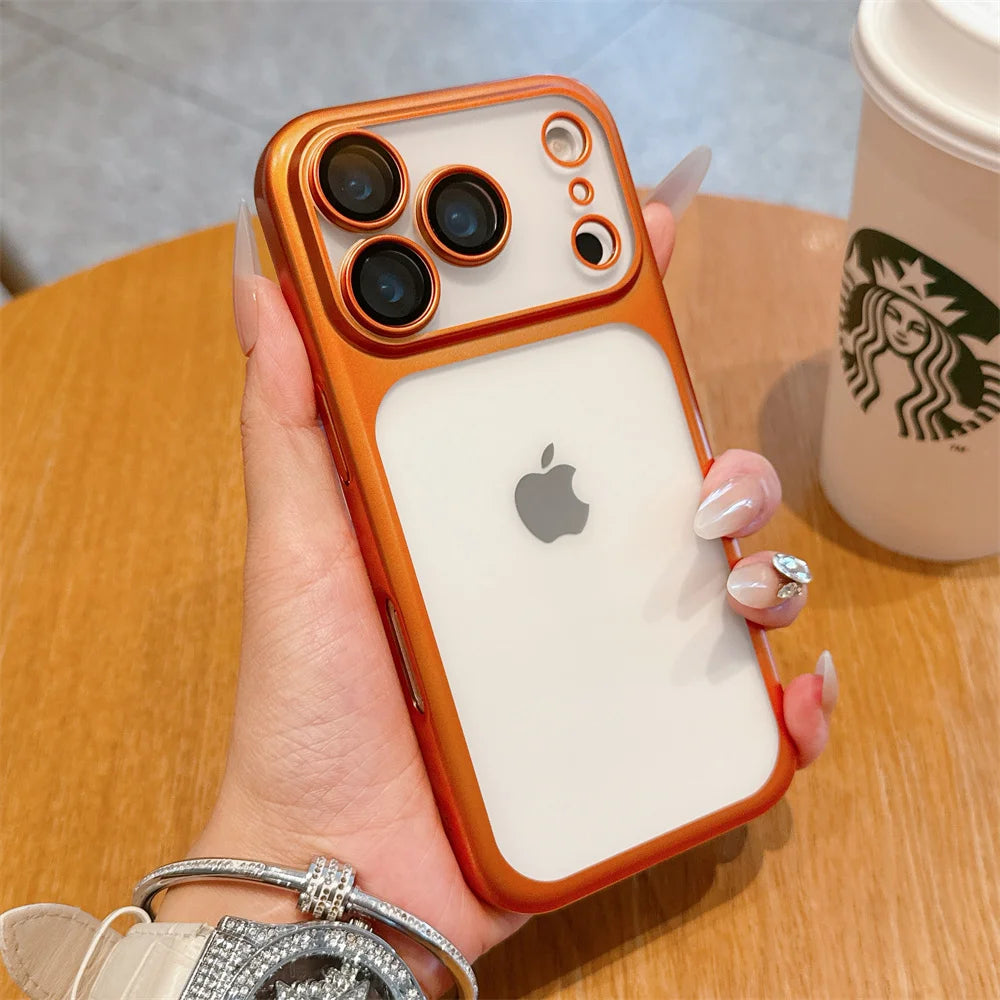Luxury Frosted Transparent Matte Phone Case For iPhone 16 15 17 Pro Max Air Full Lens Protector Metallic Color Frame Armor Cover