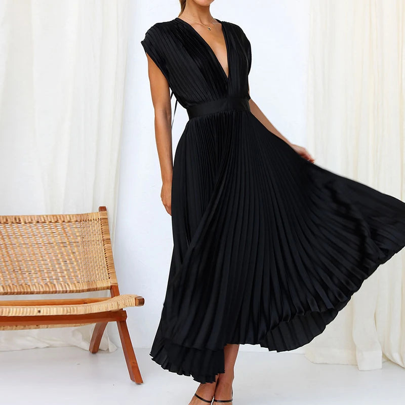 Maxi Dress Women Elegant Sexy Loungewear New Deep V-Neck Lace-Up Party Dress Summer Sleeveless Holiday Ladies Dress Dropshipping