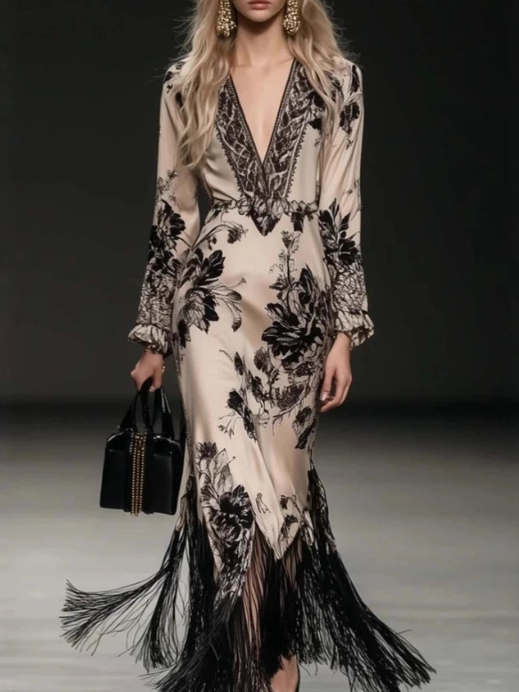 Elegant Maxi Dress for Women French Style Long Sleeve Satin Printed Evening Dress Deep V-neck Tassel Grandiose Chic Dresses