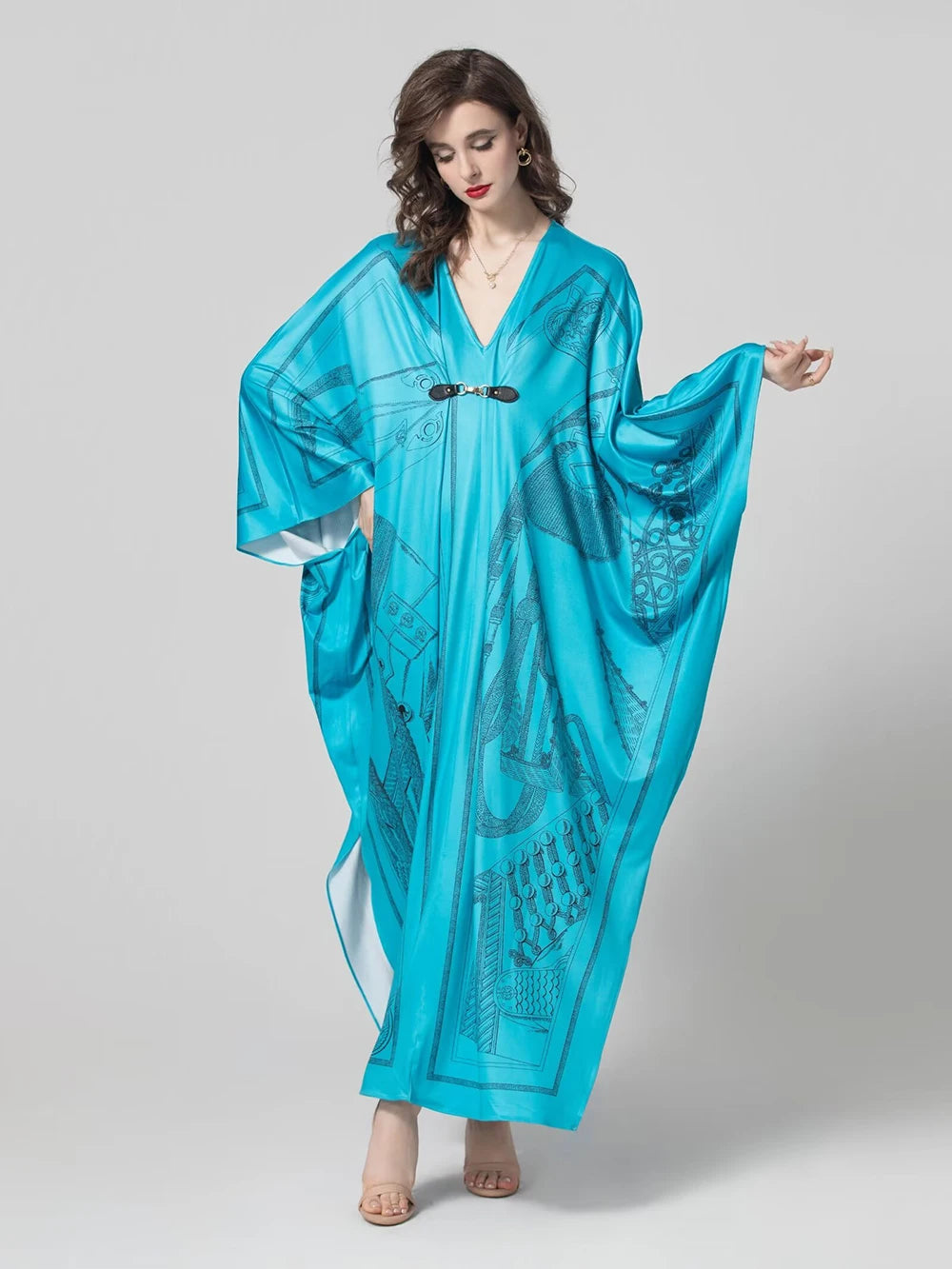 Women's Robes Sexy V Neck Batwing Sleeves Printed Loose Design Elegant Fashion Casul Long Dress Outerwear