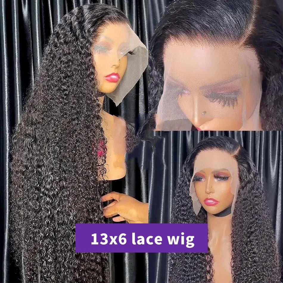 13x6 Deep Wave Lace Front Wigs Human Hair 200% Density Curly Human Hair Wig for Women Natural Black HD Transparent Lace Frontal