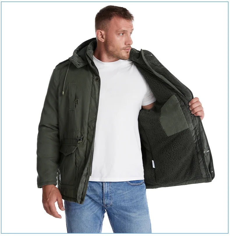 LZLLTT Men Winter Warm Parkas Mens Fleece Jacket Parkas Men Casual Cotton Outdoor Fur Trench Padded Jackets Coats
