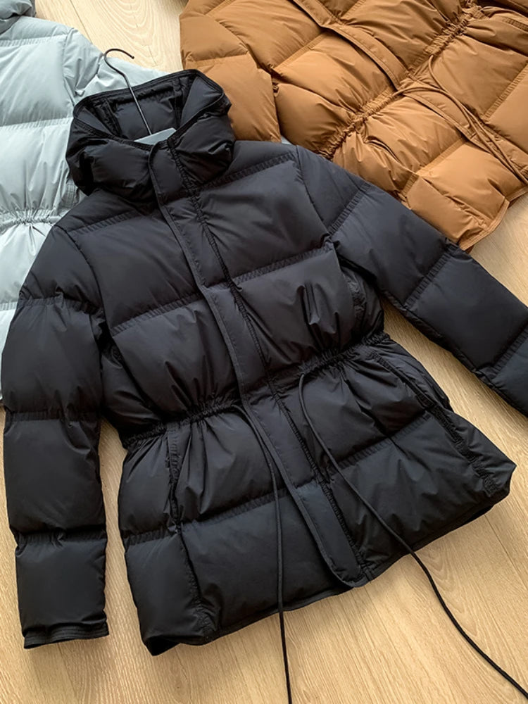 2023 New Autumn Winter Women Fashion Hooded 90% White Duck Down Coat Lady Slim Thick Warm Zipper Drawstring Lace-up Snow Jacket