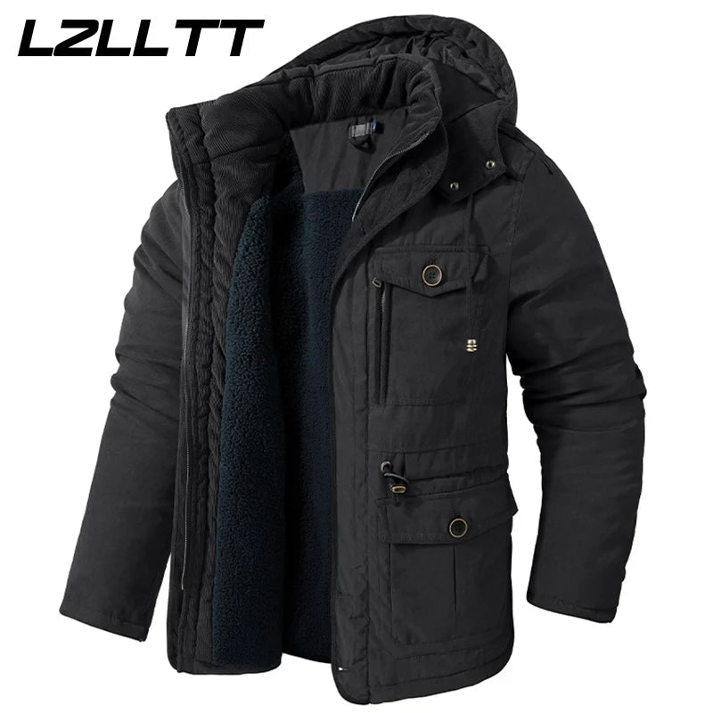LZLLTT Men Winter Warm Parkas Mens Fleece Jacket Parkas Men Casual Cotton Outdoor Fur Trench Padded Jackets Coats