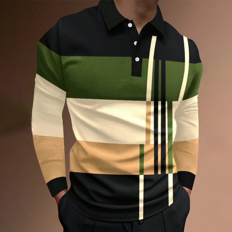 New Men Clothes Spring Autumn Long Sleeve 3D Digital Print Spell Color Polo Shirt Men Slim Fit Lapel Golf Polo Shirt Tops
