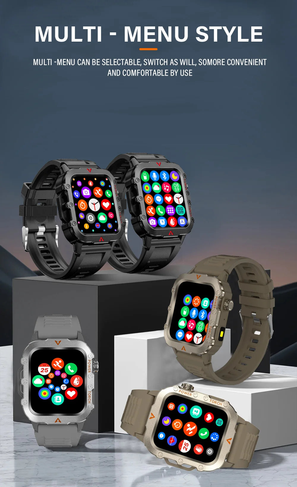 LAXASFIT New Outdoor Military Smartwatch Bluetooth Talking Smartwatch 1.73 Inch LED Sports Fitness Watch
