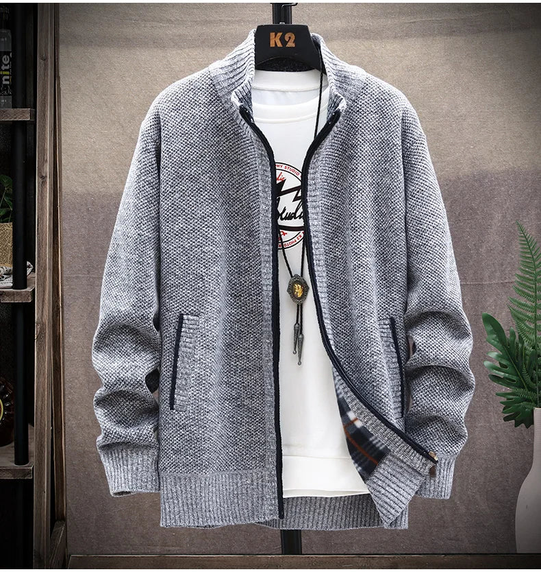 Knitted Cardigan Solid Color Sweater Men Zipper Autumn New Long-sleeved Jacket Warm Fleece Cardigans Jacket