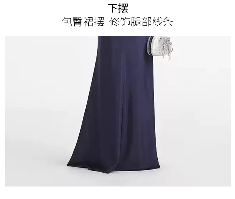 Maxi Formal Luxury Evening Dresses Women Summer Autumn Single Breasted Crystal Satin Tweed Long Dress Blue Party Dinner Vestidos