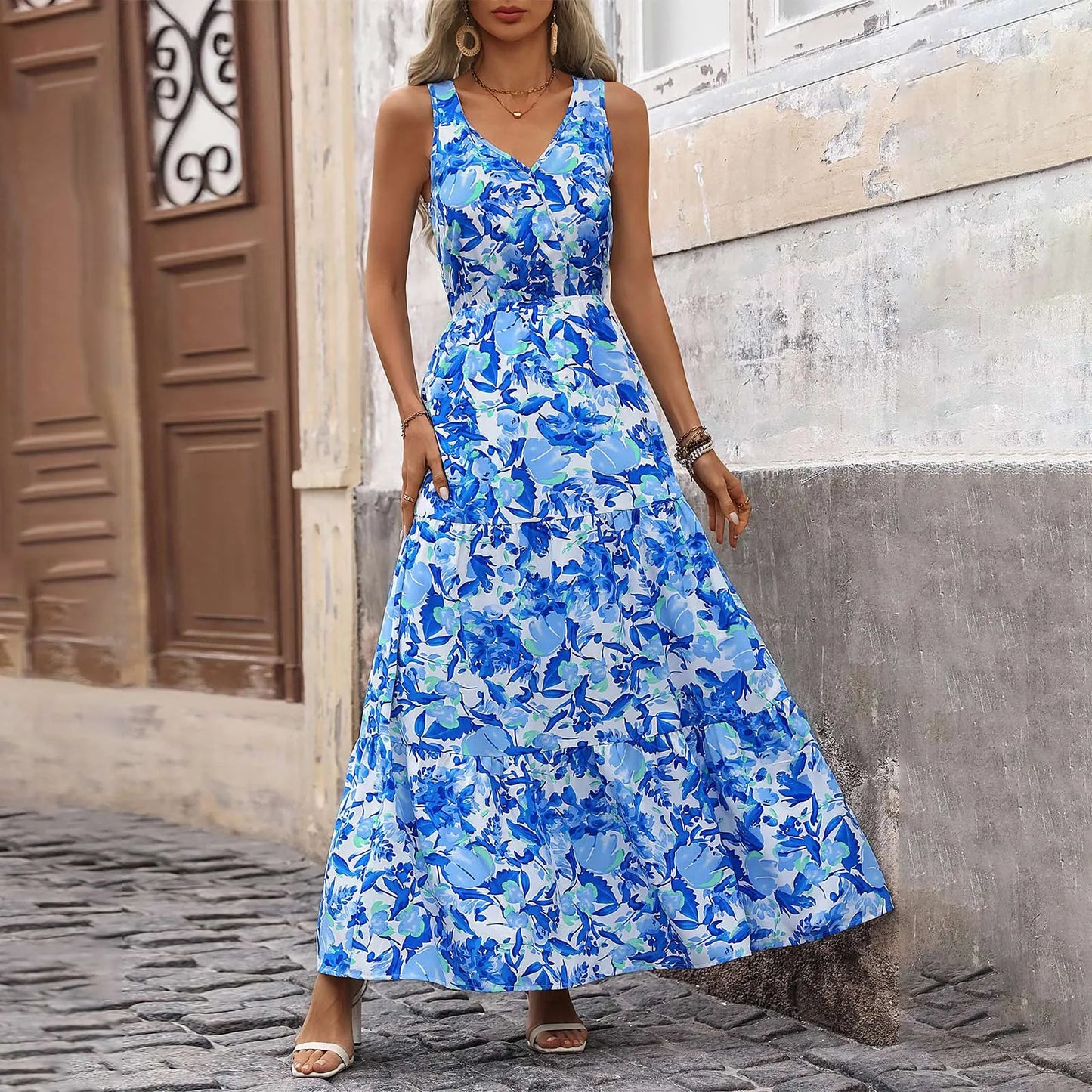 Maxi Dresses For Women Summer Tiered Ruffle Print Boho Beach Ladies Vestidos Evening Party Elegant Dress Vintage Long Dress