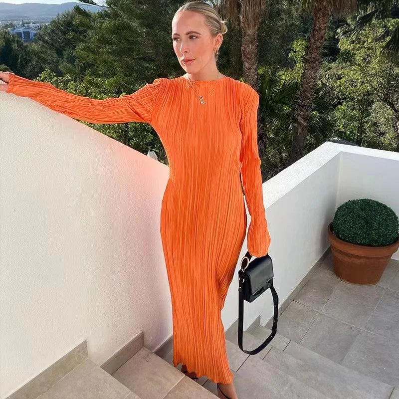 2024 Autumn Elegant Bodycon Dress Women Sexy Solid O Neck Flare Sleeves Long Summer Dresses Holiday Vestidos Black Red Orange