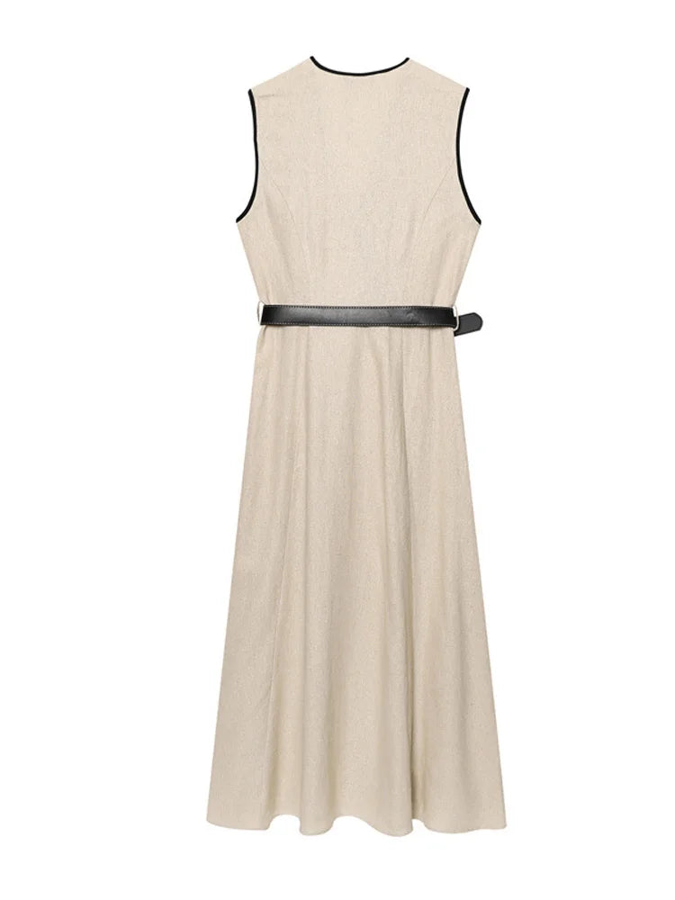 Y2K Patchwork V-neck Midi Dress With Belt Women Elegant Sleeveless Evening Party Tank Dress Summer Vacation Chic Beach Vestidos