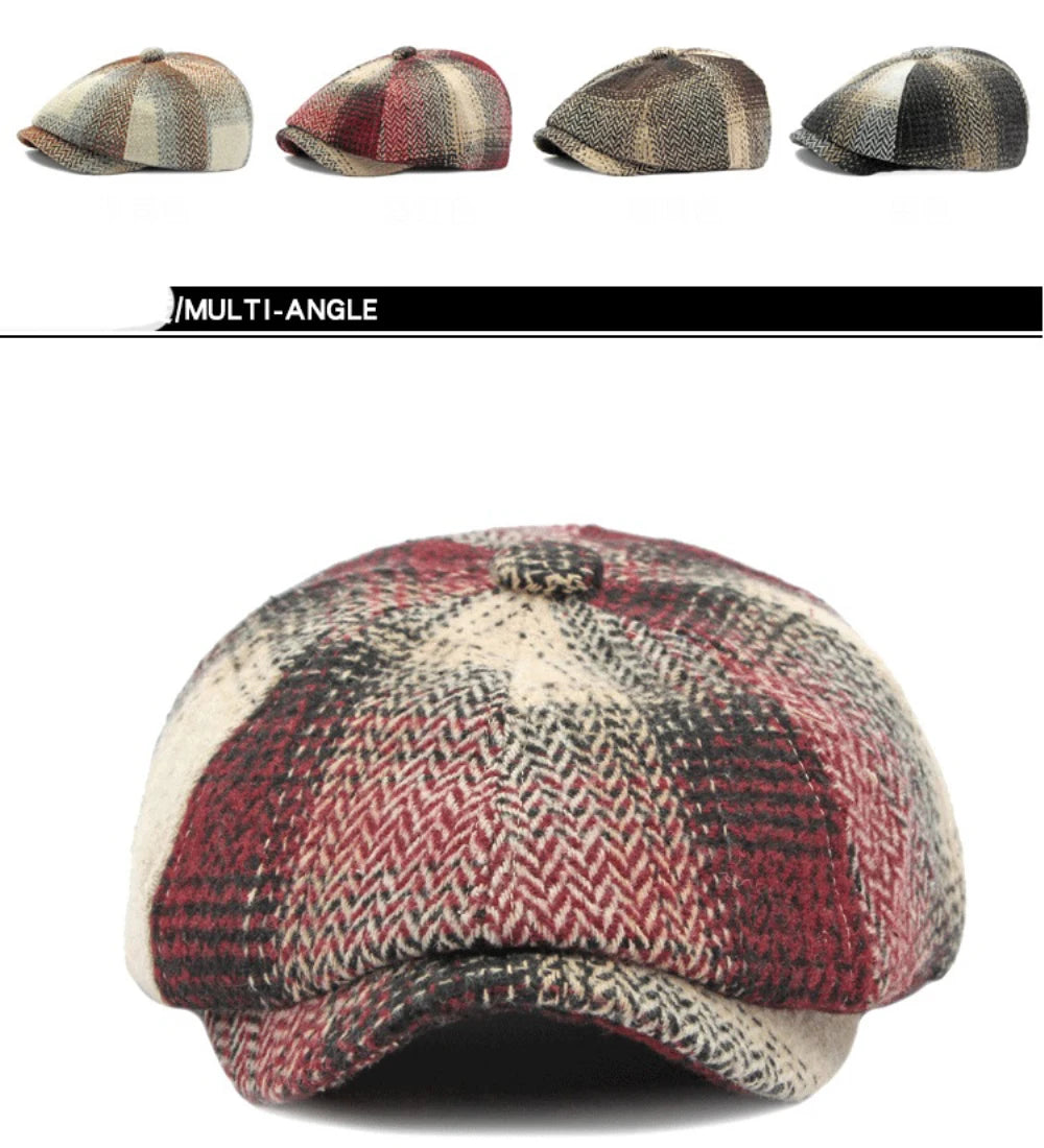 HT4184 Berets Autunm Winter Hats for Men Women Vintage Plaid Artist Painter Octagonal Beret Hat Male Female Beret Cap