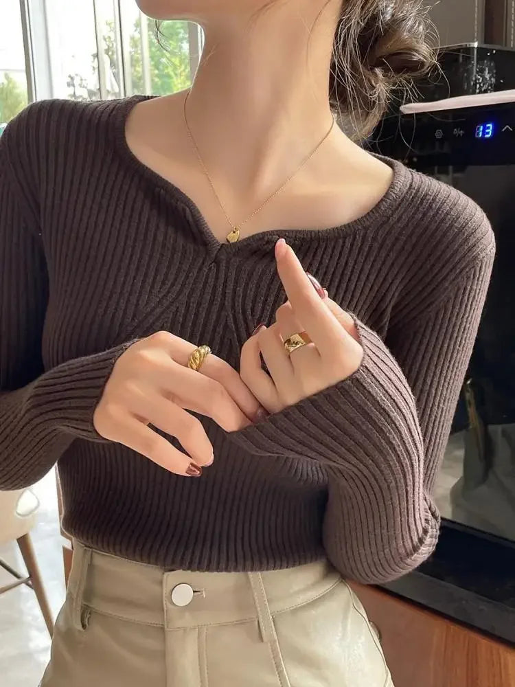 2025 Basic V-neck Chic Autumn Winter Pullover Women Knitted Ribbed Sweater Women Slim Long Sleeve Badycon High Quality Sweater