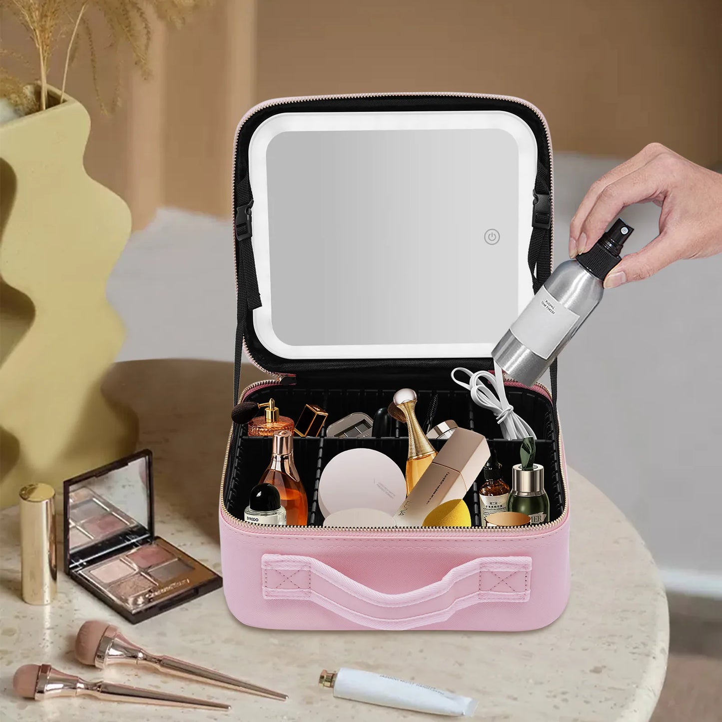 Makeup Train Case with Large Lighted Mirror Adjustable Brightness Large Cosmetic Organizer Storage Adjustable Dividers