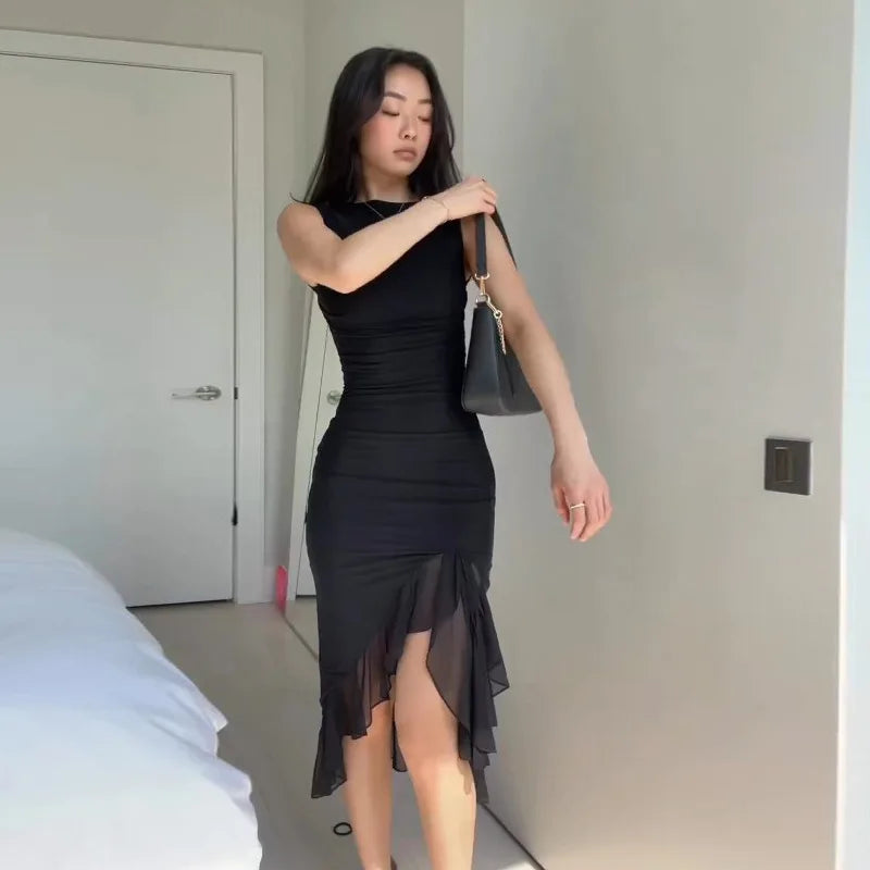 Women Maxi Dress Summer Elegant Solid Sleeveless Nipped Waist Slim Backless Ruffled Irregular Party Dresses Streetwear