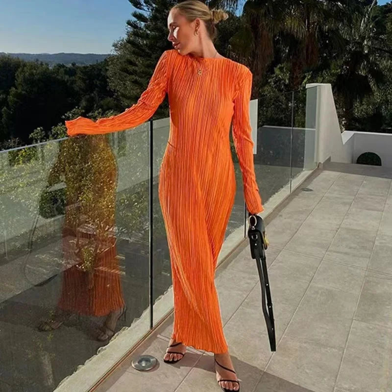 2024 Autumn Elegant Bodycon Dress Women Sexy Solid O Neck Flare Sleeves Long Summer Dresses Holiday Vestidos Black Red Orange