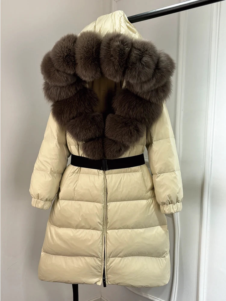 Lagabogy 2025 Winter Puffer Jacket Women Real Fox Fur Hooded Collar Thick Warm Long White Duck Down Coat Loose Luxury Outerwear