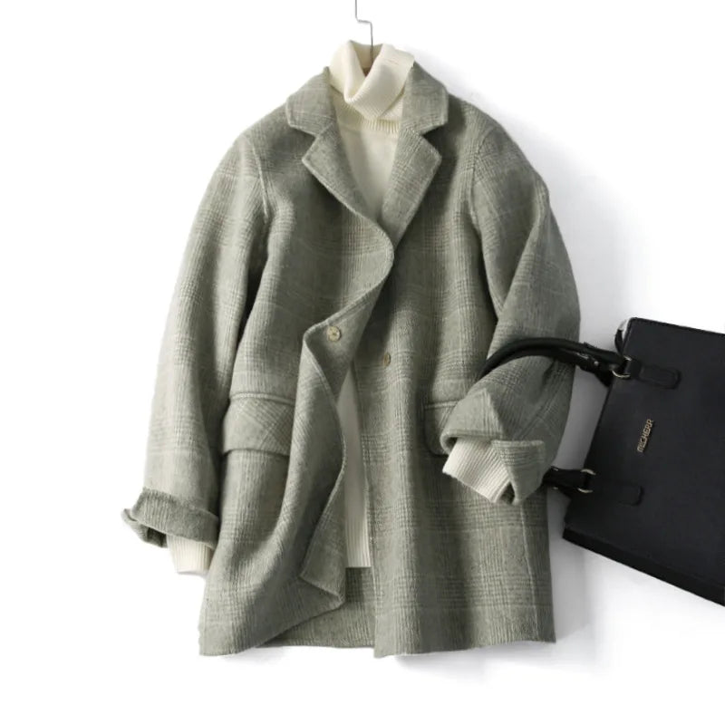 Handmade Sewn Double-sided Woolen Blazer Women Spring Autumn Plaid Wool Overcoat Office Lady Casual Suit Coat Thick Jacket